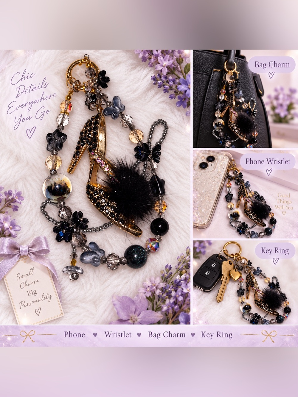 Black Glam High Heel Charm Phone Wristlet Keyring Bag Charm new
